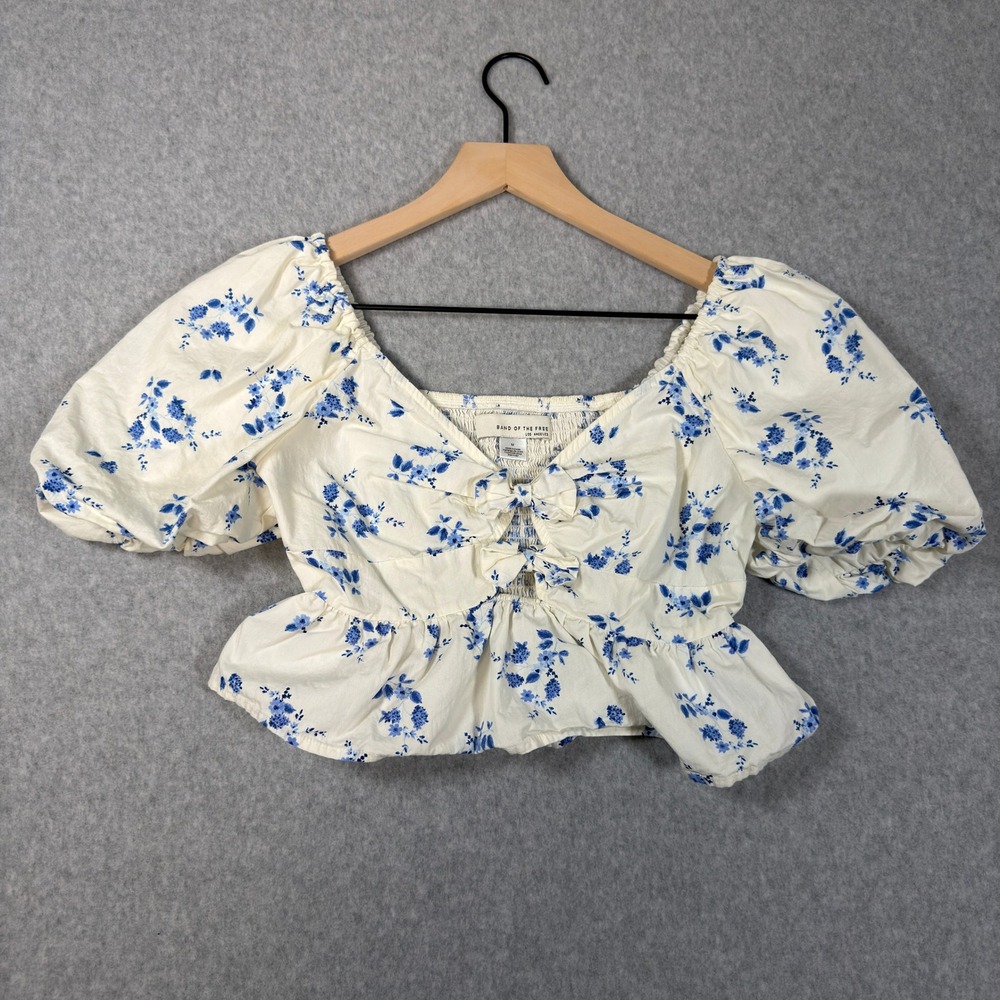 Band of the Free Blue Floral Puff Sleeve Crop Top Sweetheart Bow Front Medium